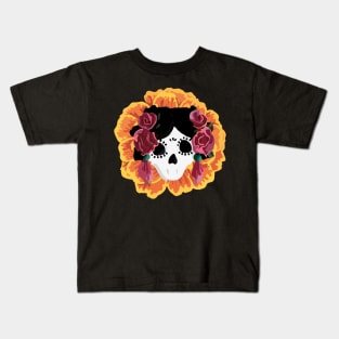 Catrina frida mexican kawaii cute sugar skull mexican style mexican flower marigold skeleton Kids T-Shirt